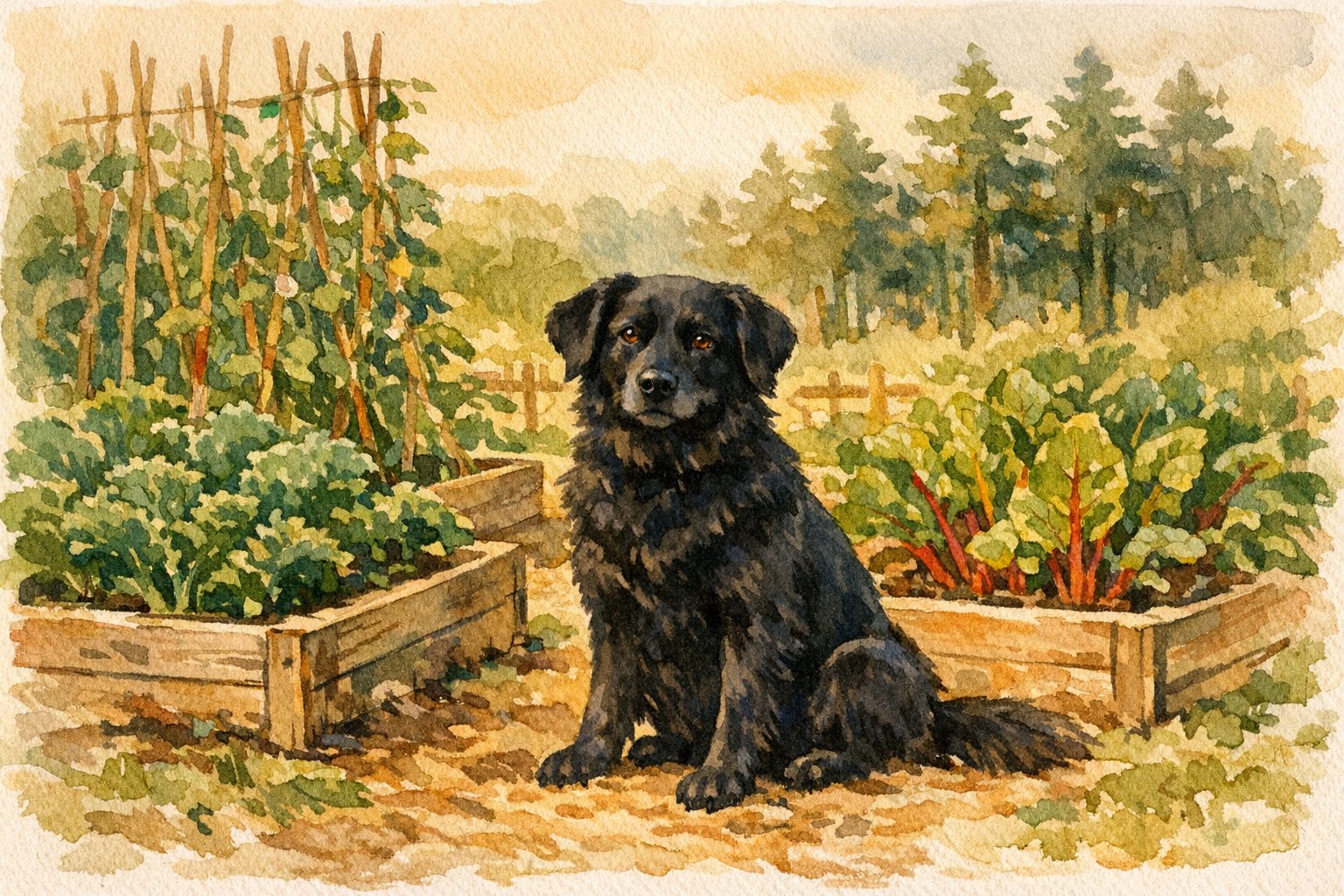 Daisy, the Meadow View Farm dog, sitting in the garden among raised beds with Douglas fir trees softly visible behind her — warm watercolor illustration