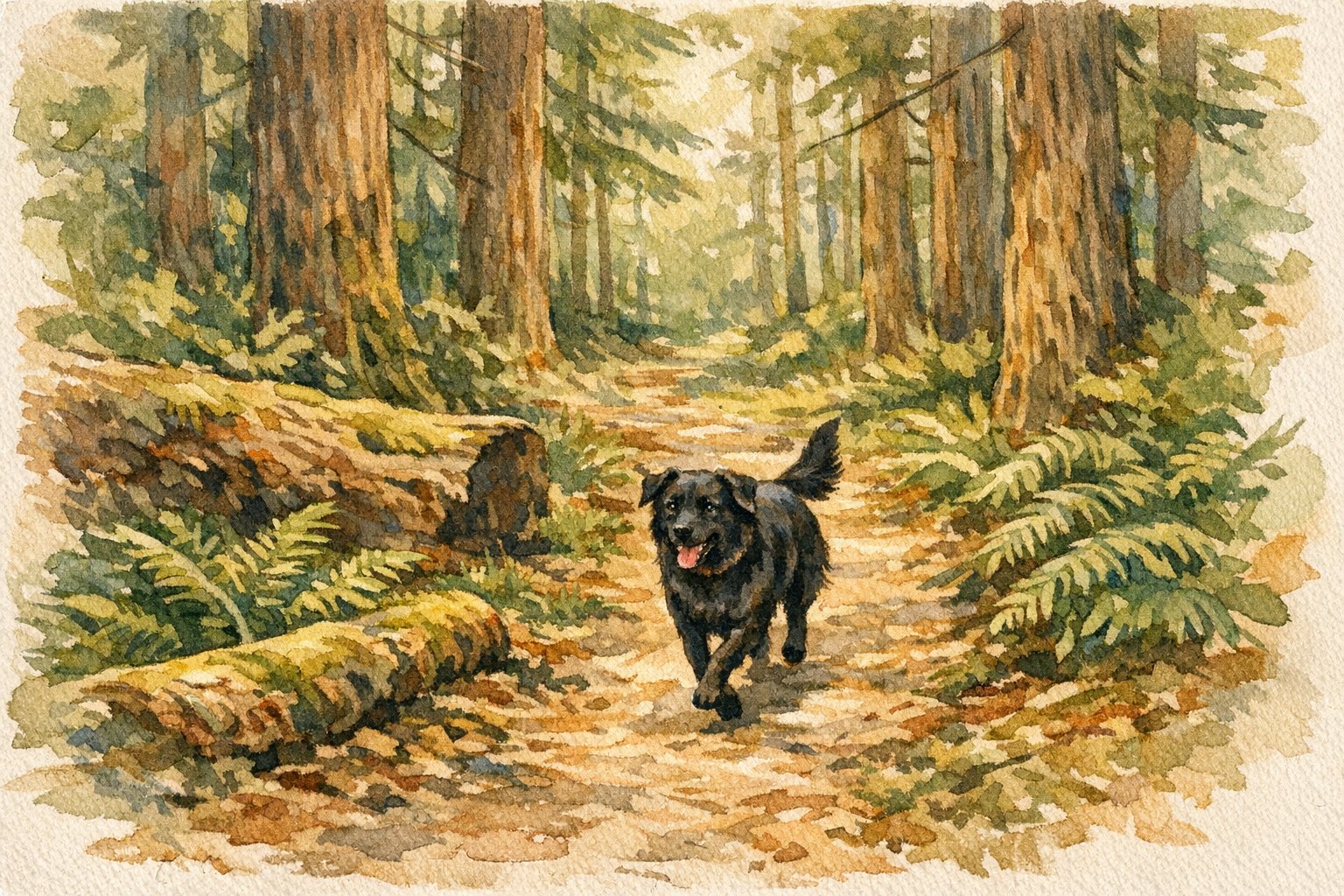 Daisy the black farm dog trotting happily on a forest trail through towering Douglas fir trees on Vancouver Island — dappled light, ferns, mossy logs