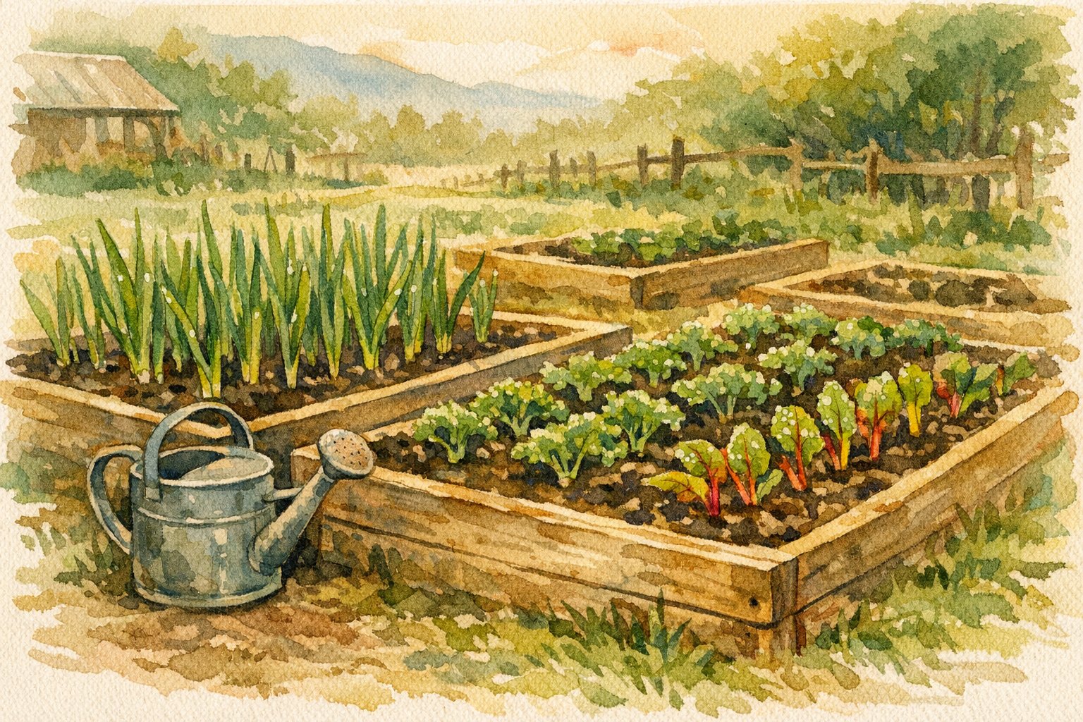 Spring raised garden beds at Meadow View Farm — garlic shoots pushing through dark soil, young kale and chard seedlings, wooden beds in soft morning light