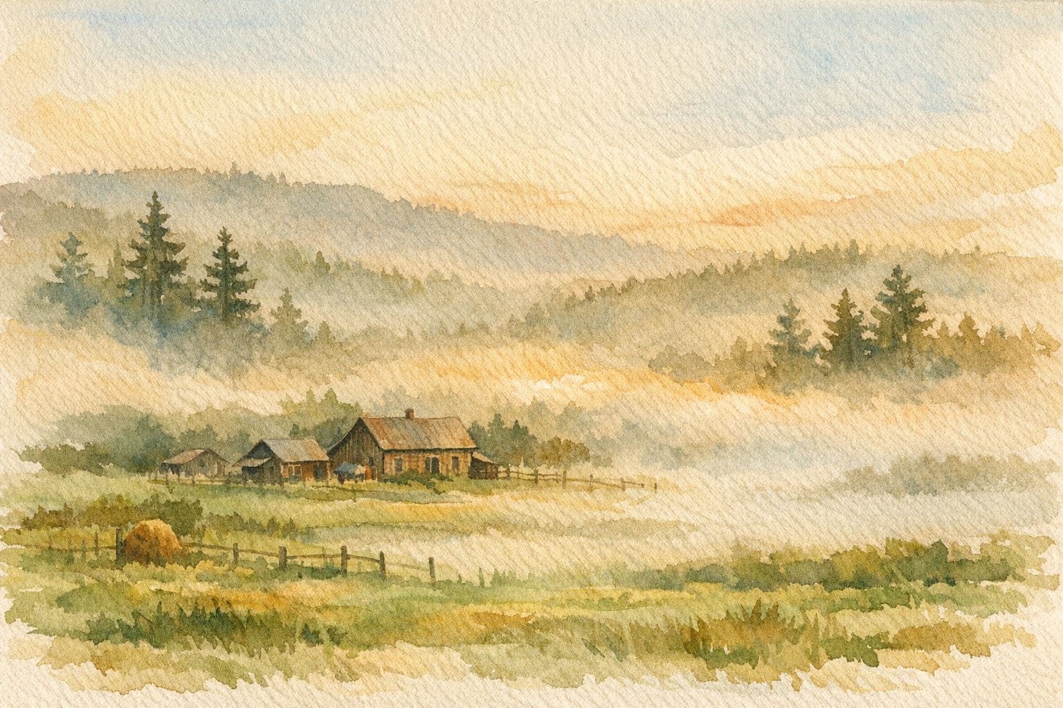 Morning mist rising over Meadow View Farm — a rustic farmhouse in the distance, fog over green fields, Douglas fir silhouettes in early golden light