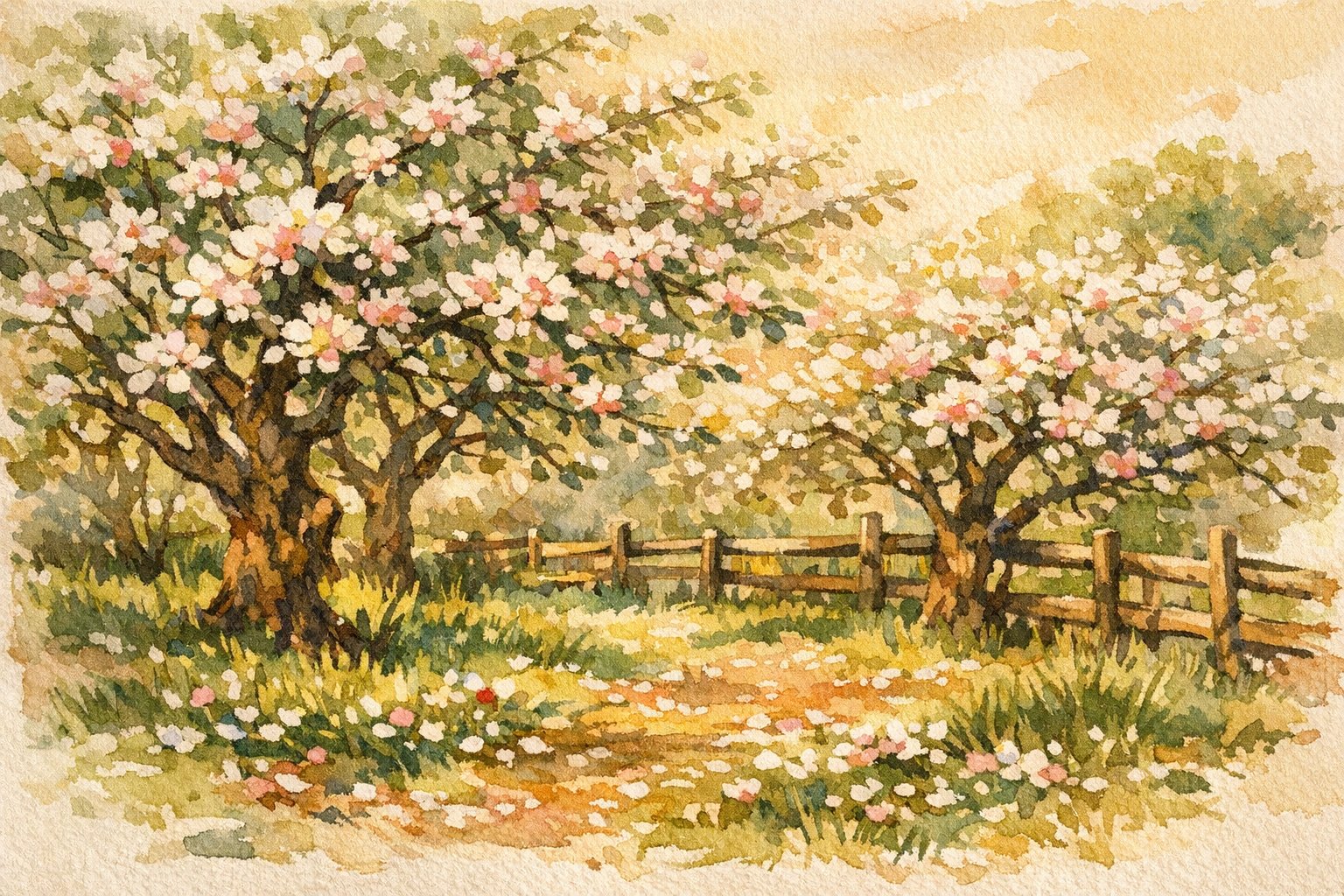 Spring apple orchard in full bloom at Meadow View Farm — white and pink blossoms, soft morning light through the branches, green grass below
